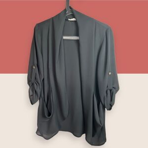 🖤 SMALL ADRIENNE SHEER DRAPE POCKET ROLL TAB 3/4 SLEEVE OPEN FRONT CARDIGAN